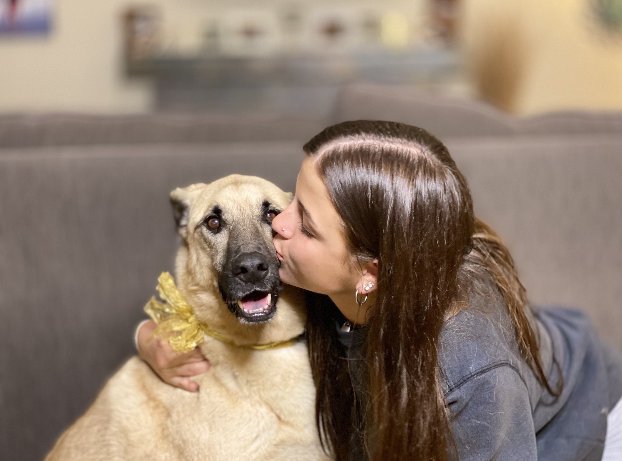 A girl and her dog showing live and affection with a sweet kiss.