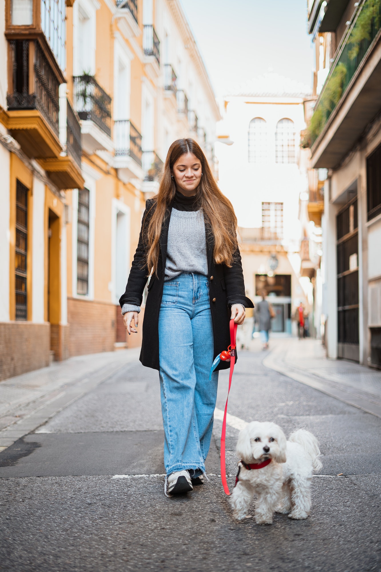 Girl walking with her dog in the city